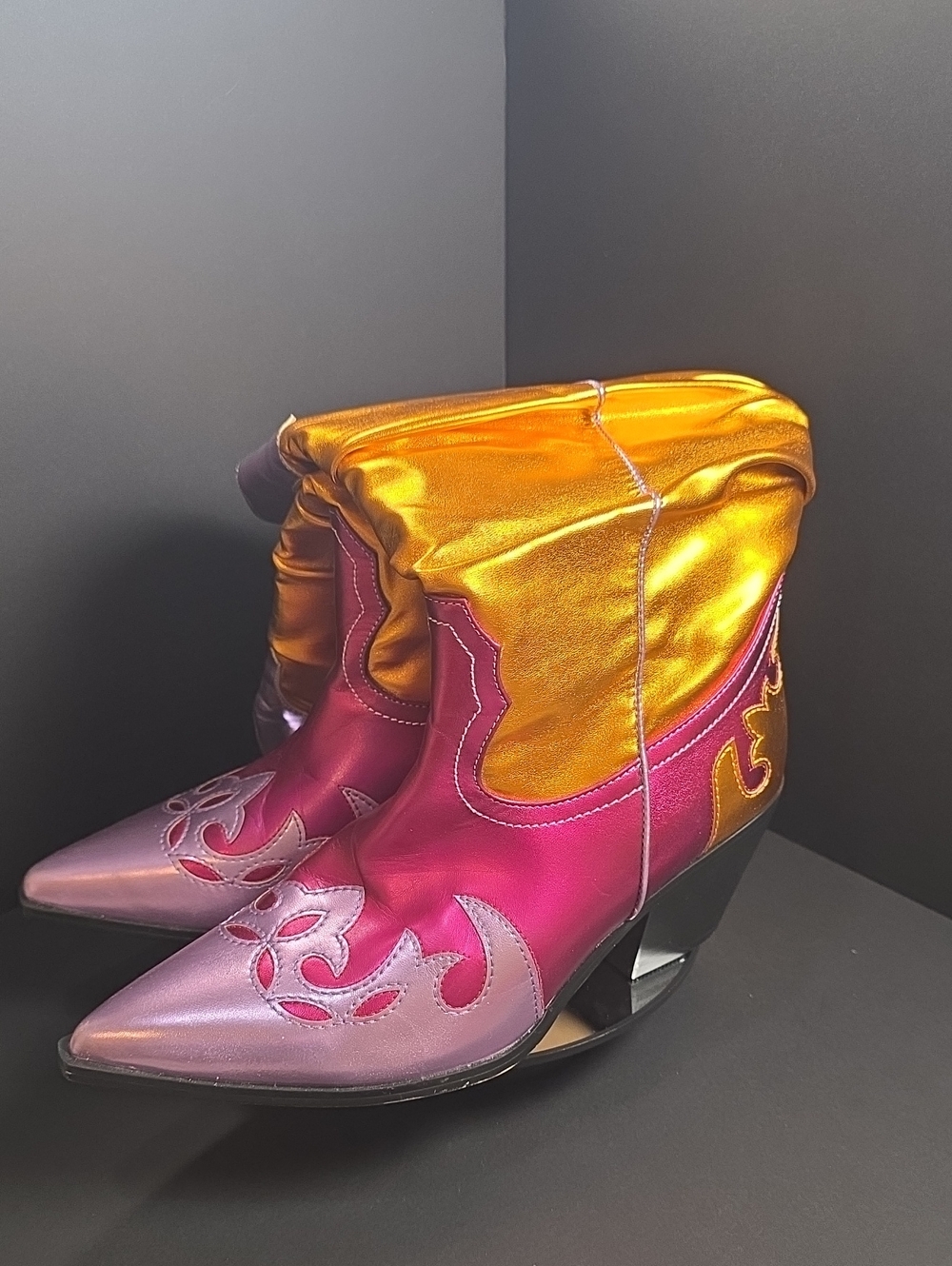 FSJ Metallic Pink and Gold Western Ankle Boots